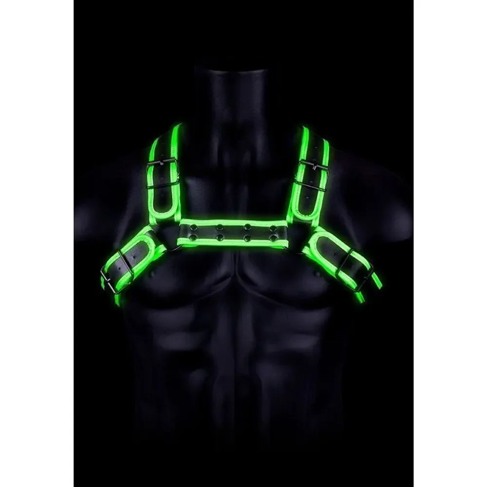🦋B2G1🦋OUCH Glow In The Dark NEON GREEN Bonded Leather Buckle Bulldog Harness S/M